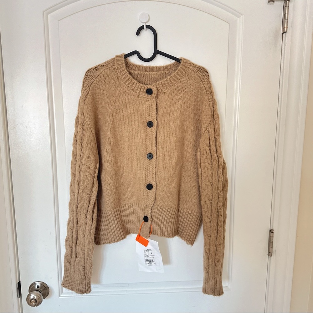 Cable Knit Wool Blend Cardigan Latte Mocha Cozy Soft Button Front Trendy